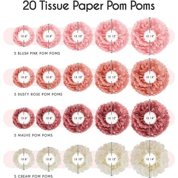 EpiqueOne Tissue Paper Pom Poms 20pc Pink Mauve Cream Bridal Shower Decor - Picture 2 of 7